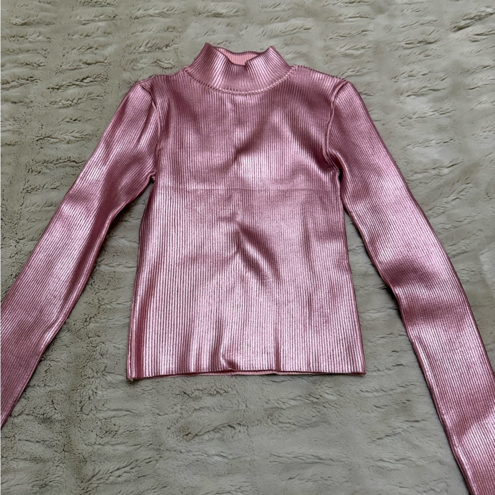 Avec Les Filles Metallic Pink Ribbed Turtleneck Sweater